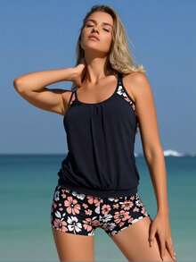 Women's Two-Piece Swimwear Set – Mix Of Print And Solid Styles For Beach & Resort Wear - Black + Pink - View 5