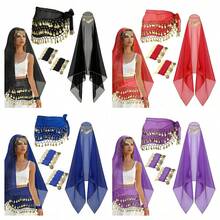 1 Belly Dance Set,Hand-Sewn Golden Coin Belly Dance Hip Scarf With Chiffon Bandana & Wrist Bracelets, Belly Dance Accessories - Multicolor - View 2