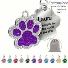 Personalized Engraved Pet Name Tag - High-Quality Glitter Paw Shape Cat Dog Collar ID Tag, Customized Pet ID Tag With Glitter Paw Design