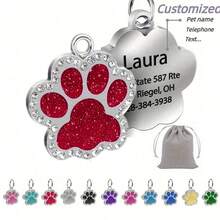 Personalized Engraved Pet Name Tag - High-Quality Glitter Paw Shape Cat Dog Collar ID Tag, Customized Pet ID Tag With Glitter Paw Design