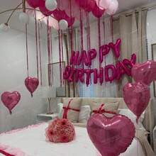 5/13/35/52/563pcs Fuchsia Pink Happy Birthday Set, Includes Fuchsia Pink Happy Birthday Letter, Heart, Bow Foil Balloons, Suitable For Ladies Theme, Birthday Room Decor, Anniversary, Birthday Party Balloons - Multicolor - View 8