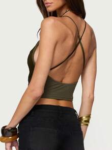 Women's Cowl Neck Fringe Halter Top Boho Sleeveless Open Back Draped Front Tassel Camisole Rave Tank Shirt Streetwear Y2k Festival Concert Outfits - xanh quân đội - Xem 5