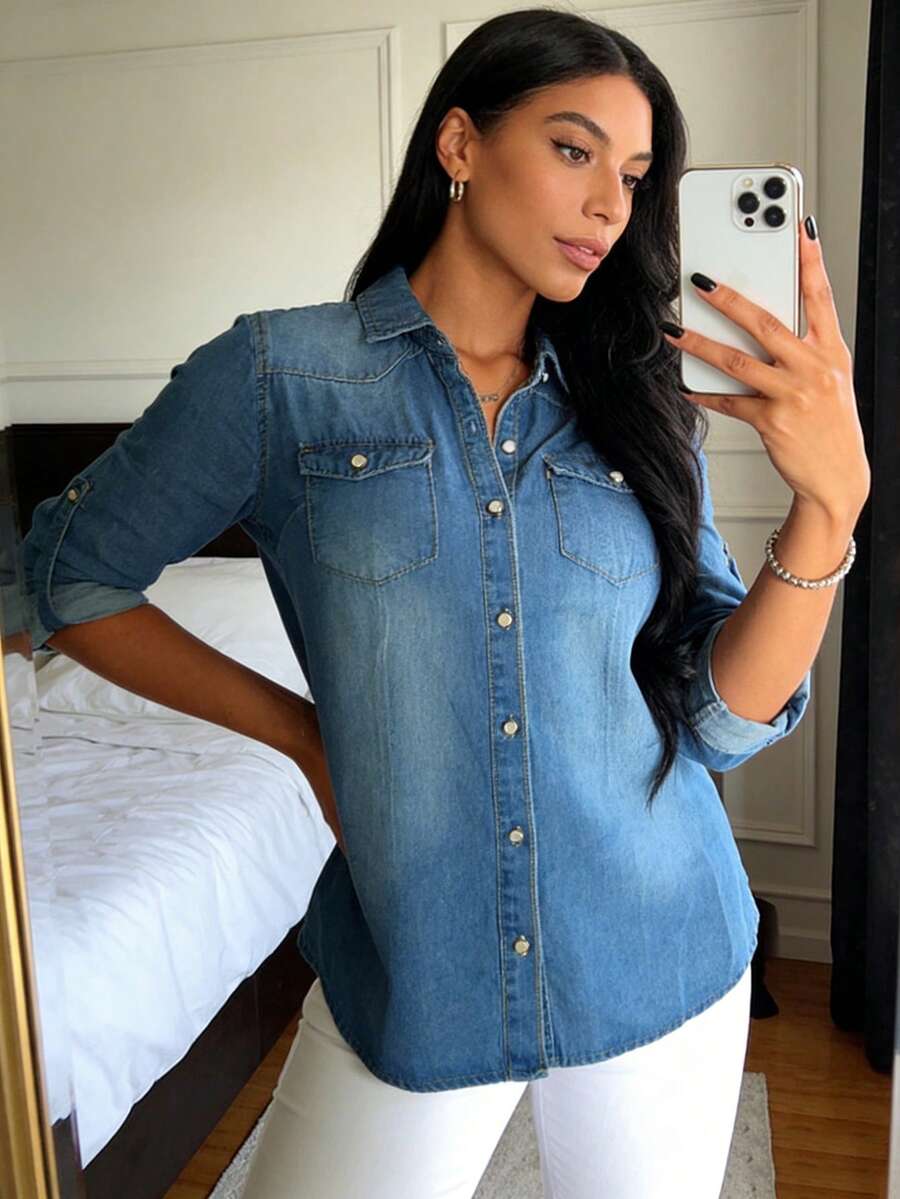 Women's Western Denim Shirt Snap Button Up Long Sleeve Jean Top Slim Fit Cowboy Blouse With Chest Pockets - Rửa trung bình - Xem 1