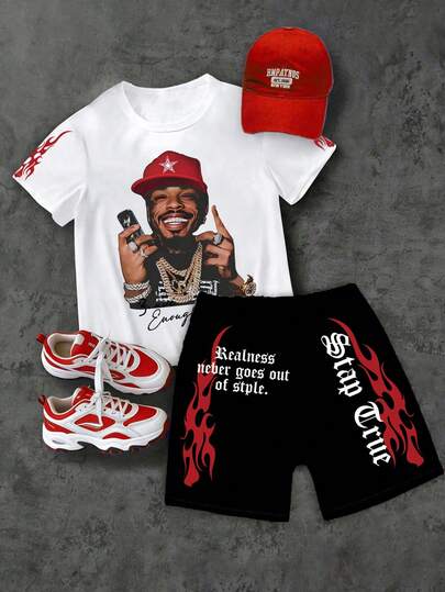 Tween Boy Cartoon Print Short Sleeve T-Shirt And Shorts Summer Outfit