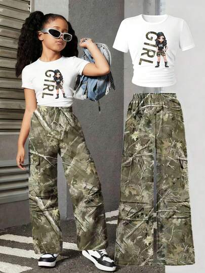 2pcs Girls Camouflage Pants And Cartoon Print Long Sleeve Top Set