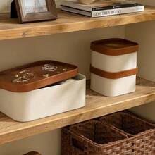 Beige Decorative Storage Boxes With Lids, Storage Baskets With Leather-Like Lids, Sturdy Stackable Paper Boxes Decorative Tray, Modern Basket Organizer Bins For Jewelry Shelve Bathroom Bedroom - Beige - View 4