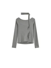 秋季新款法式复古露肩长袖T恤，百搭女式上衣 - 灰色 - 查看 6