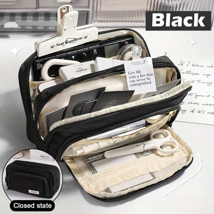 Large Capacity 3 Layers Pen Box Kawaii Pencil Cases Cute Pen Holder Pouch For Students Back To School Stationery Supplies - 黑色 - 查看 1