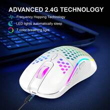CHANGXIE Mouse Gaming Nirkabel, Mouse Tanpa Kabel USB 2.4G Honeycomb, Mouse Gaming PC RGB Isi Ulang dengan Lampu LED, Paracord Tanpa Gesekan, Desain Ergonomis, Cocok untuk Bermain Game di Rumah dan Penggunaan Kantor, Hadiah Halloween - Versi Putih-Ditingkatkan - View 5