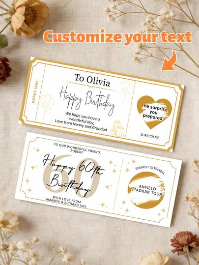 1/3pcs Personalised Birthday Scratch To Reveal Voucher, Special Birthday Surprise Scratch Card, Customized Text, Suitable For Holiday Party Decoration, Home Decoration, Daily Use, Can Be Given To Family And Friends, A Wonderful Gift,Customized Birthday Gifts,Custom Ornaments