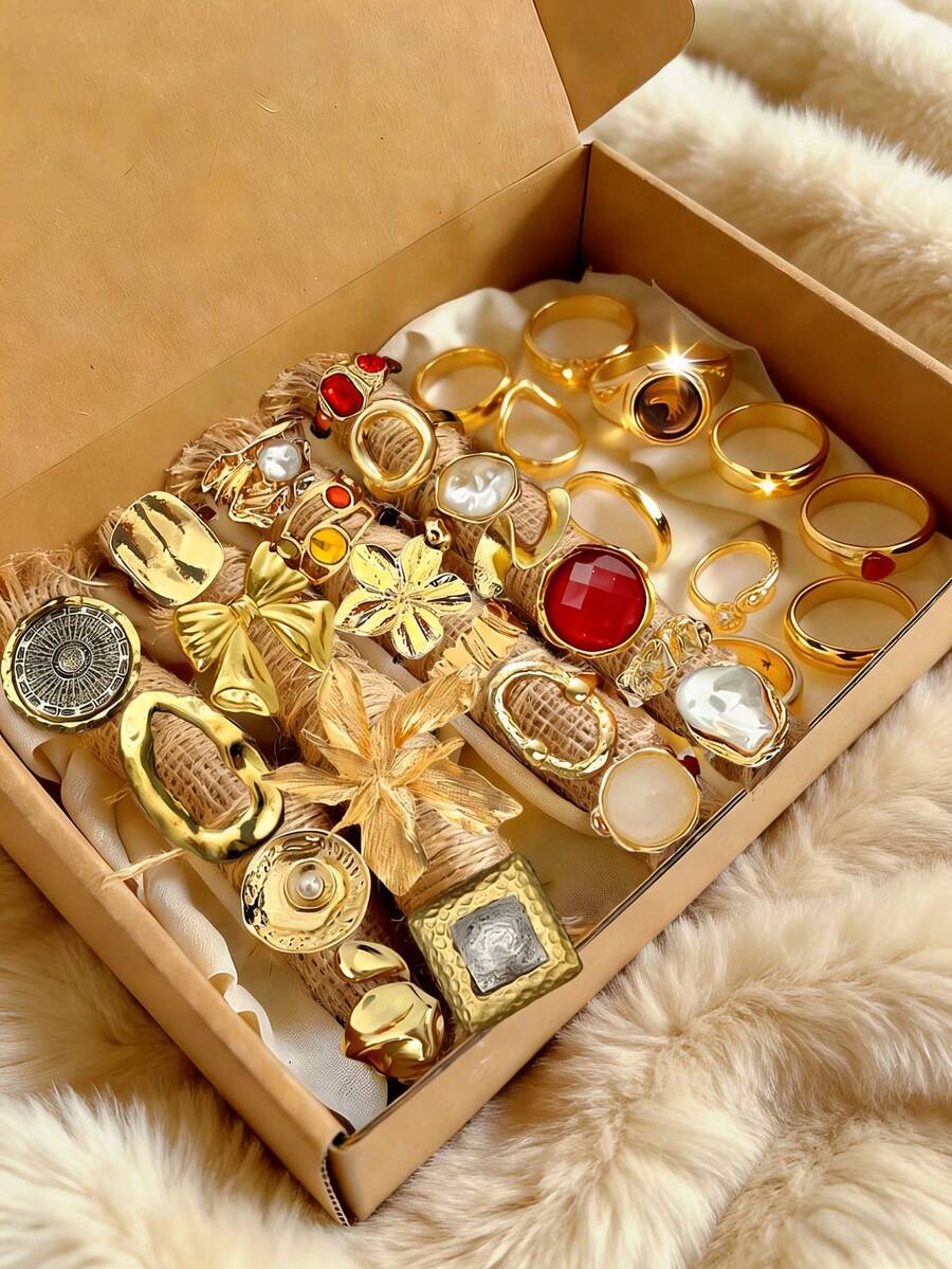 Vintage Elegant Retro Coin Style 3-19pcs Metal Inlaid Colorful Faux Gemstone & Pearl Flower, Bow, Geometric Hollow Multi-Layer Adjustable Ring Set, Personalized Y2K Jewelry Suitable For Women Men Couples, Party, Wedding, Anniversary, Gift