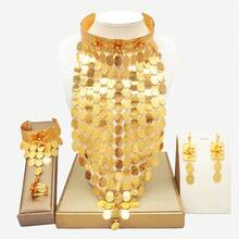 Dubai Gold Plated Exaggerated Long Glitter Jewelry Set Bridal Wedding Necklace Earrings Bracelet Ring Set - BJW246FF2 - View 4