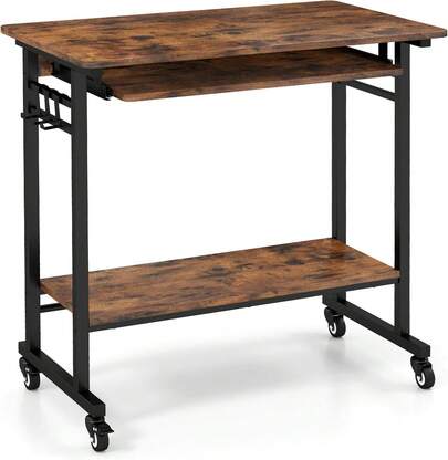 Small Computer Desk, Portable Desk On Wheels With Spacious Tabletop, Keyboard Tray, Open PC Stand, 3 Earphone Hooks, Wooden Rolling Computer Cart, Mobile Laptop Desk For Office, Home