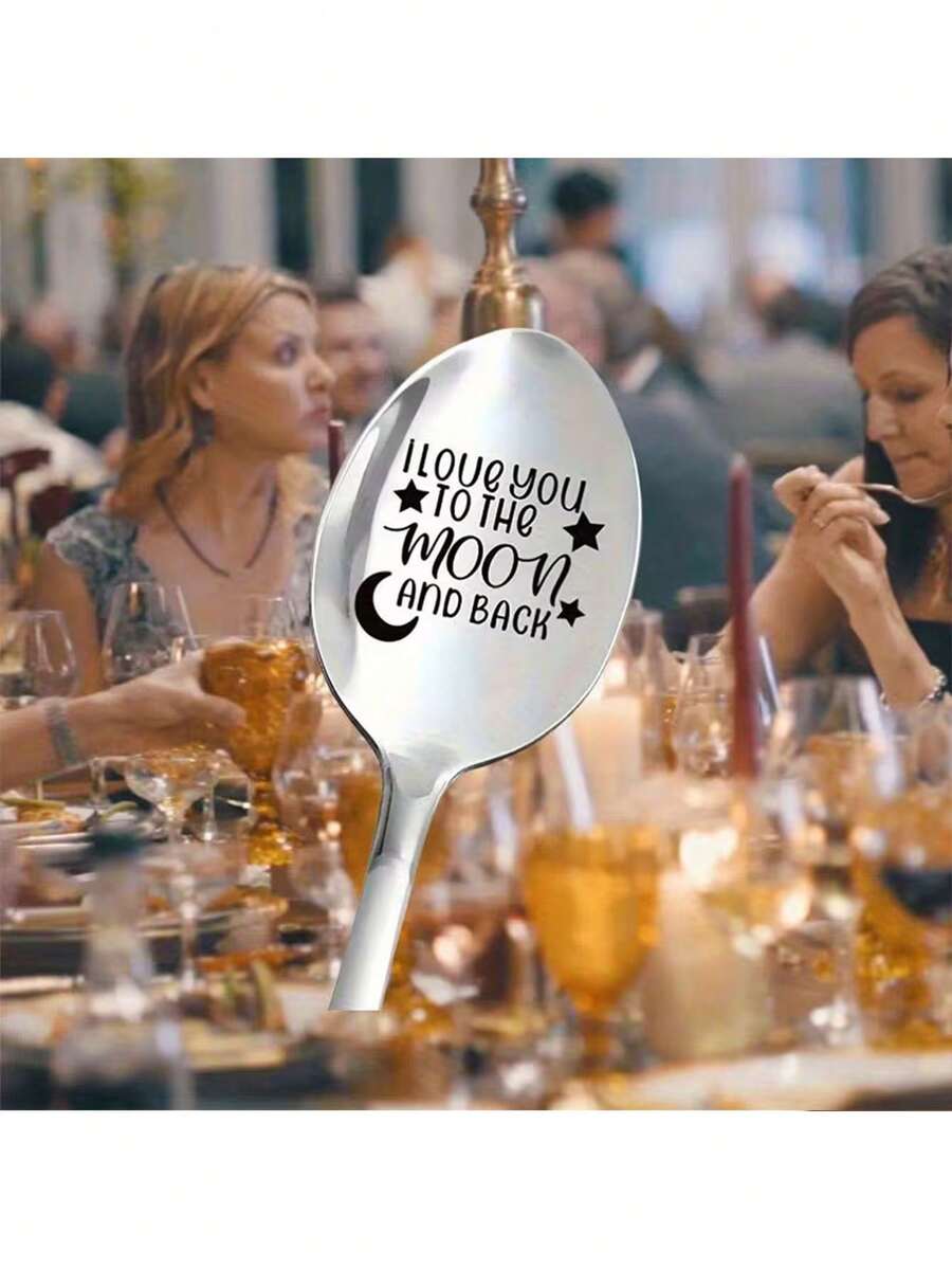 1pc Engraved Stainless Steel Spoon - "I Love You To The Moon And Back" - Valentine's Day, Anniversary, Birthday, Wedding, Party Gift - Coffee, Tea, Dessert, Ice Cream Spoon - Multicolor - View 1