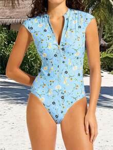 Women's Summer Romper Swimwear Short Sleeve Zip Up Flower Print Monokini Swimsuit - 淺藍色 - 查看 1