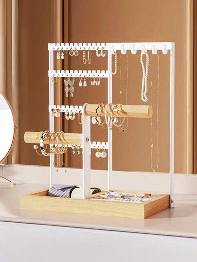 1pc Jewelry Storage Box, 4-Tier Earring Holder With 48 Holes, 6 Hooks Necklace Organizer, Wooden Bracelet & Ring Box, Mother's Day Gift, Stylish Dorm Decor, Valentine's Day Present,Room Decor