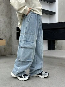 青少年男童工装口袋阔腿宽松休闲牛仔裤 - 淺藍色 - 查看 4