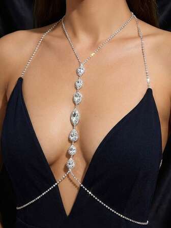 女士性感水钻身体链泪滴水晶胸链比基尼文胸吊带项链银色水滴身体饰品配饰，适合夜店派对、节日狂欢、情人节