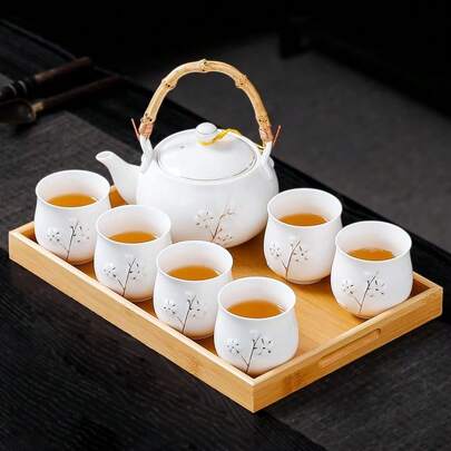Japanese Tea Set, White Porcelain Tea Set With 1 Teapot(23 Oz/660ml), 6 Tea Cups(5.3 Oz/150ml), 1 Tea Tray, Golden Plum Blossom Relief, Asian Tea Sets For Adults (Golden Plum-White)