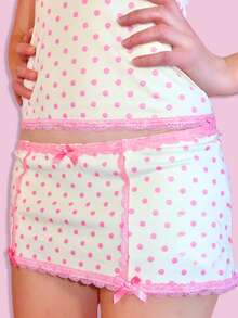Women's Lace Patchwork Polka Dot Mini Skirt Set, Deep V Neck Backless Cami Top With Bow Half Skirt 2-Piece Set - trắng - Xem 3