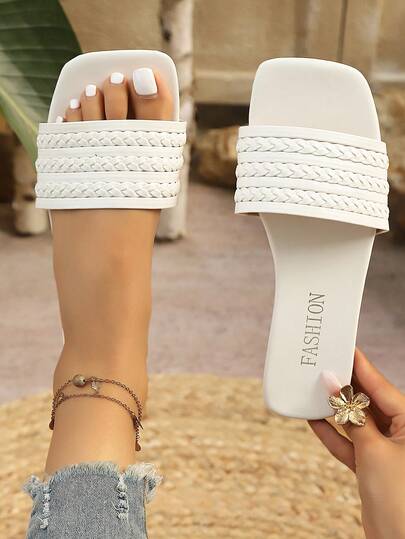 Women's Elegant Solid Color Woven Sandals, Summer, Fashion One-Piece Woven One-Strap Design Uppers, Comfortable Square Toe Open Toe Design, Lightweight Easy To Wear, Breathable, Suitable For Dresses, Pants, Workplace, Home And Outdoor Wear, Women's Flat Woven Beach Sandals
