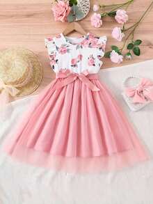 Girls Rose Print Dress, Pink Mesh Flared Skirt, Flutter Sleeves, Cinched Waist Princess Dress, Summer - Pink - View 4