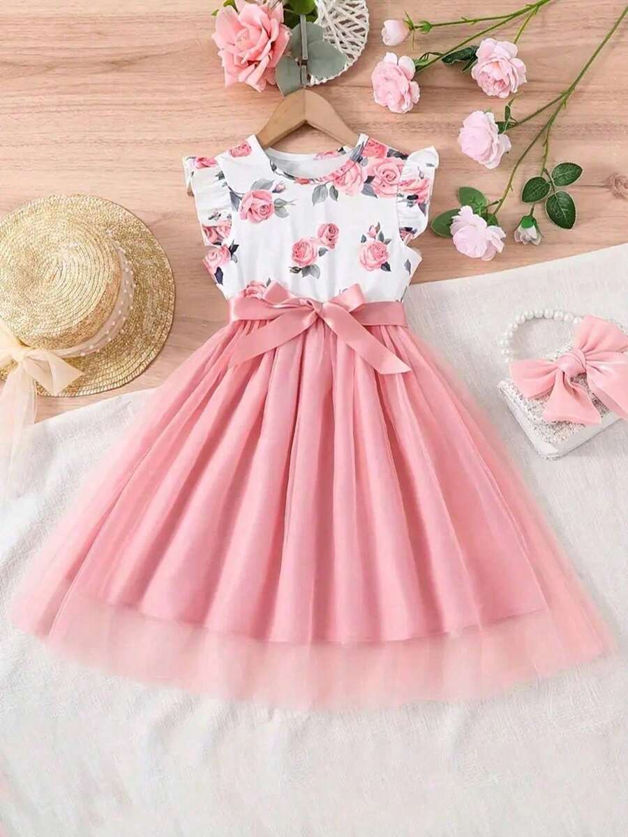 Girls Rose Print Dress, Pink Mesh Flared Skirt, Flutter Sleeves, Cinched Waist Princess Dress, Summer - Pink - View 1