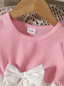 2pcs Girls Toddler Casual Bow Decor Soft Knitted Jacquard Short Sleeve Top And Flare Pants Set, Suitable For Outdoor Wear, Spring/Summer - Pink - View 3
