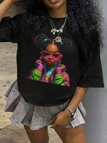 Tween Girl Cotten Clothes,Y2K-Inspired Letter Print T-Shirt - Casual Crew Neck, Short Sleeve, Machine Washable - Perfect For Spring/Summer/Fall,Fashion, Streetwear, Unisex, Men, Women - 黑色 - 查看 1