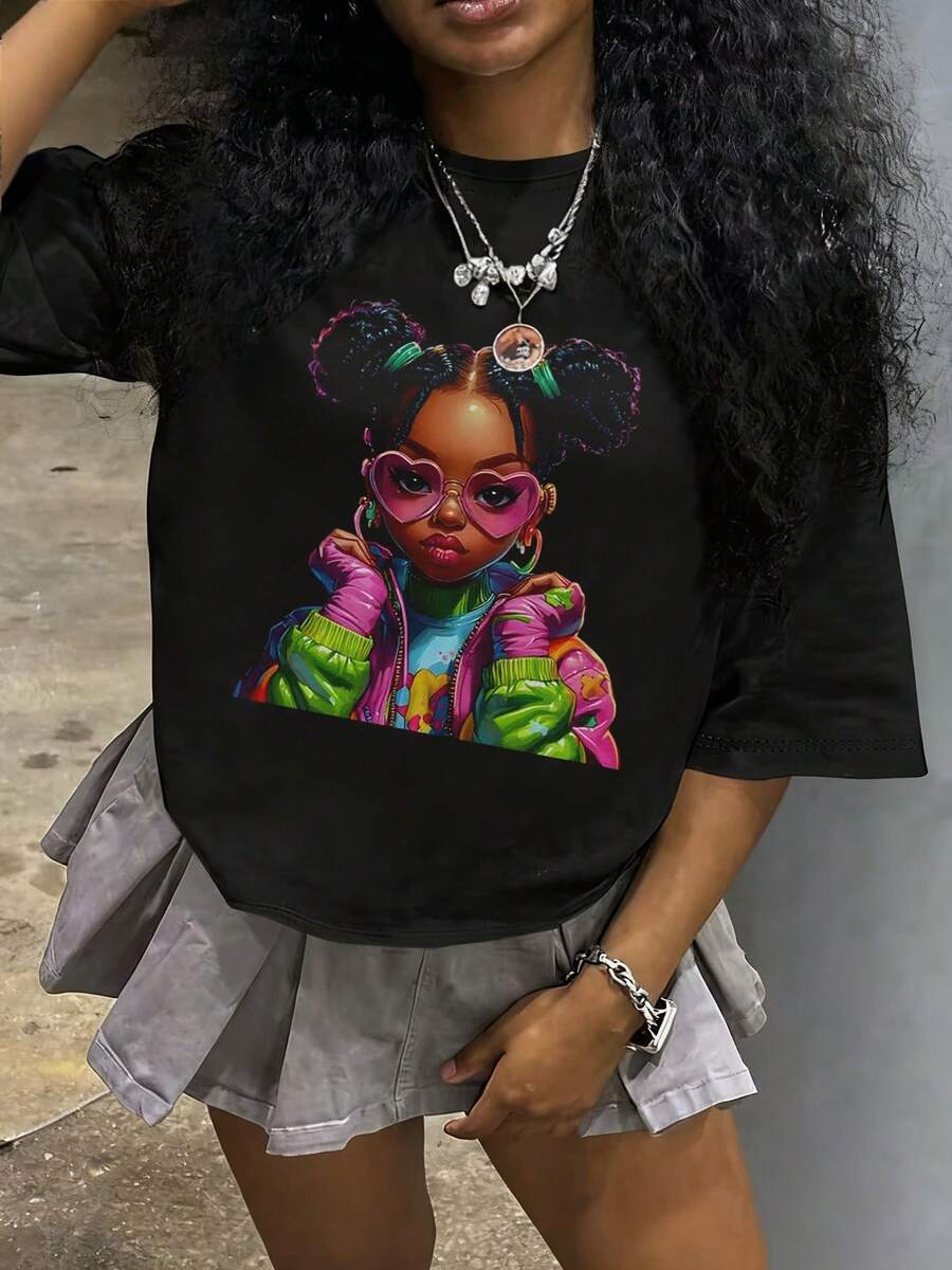 Tween Girl Cotten Clothes,Y2K-Inspired Letter Print T-Shirt - Casual Crew Neck, Short Sleeve, Machine Washable - Perfect For Spring/Summer/Fall,Fashion, Streetwear, Unisex, Men, Women - 黑色 - 查看 1