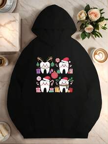 Cozy Plus Size Women-S Hoodie With Festive Tooth Design - Longeeve, Casual Polyester Knit With Pockets For FallWinter - 黑色5 - 查看 1