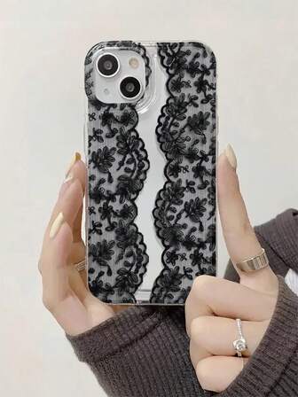 1 pieza Funda protectora de teléfono con patrón de encaje negro, cojín de aire transparente anti-caída, material de TPU, se puede regalar como regalo festivo, apto para iPhone XS/XS Max/XR/11 12 13 14 15 16 Pro/Pro Max/14 15 16 Plus/17, unisex, funda de teléfono