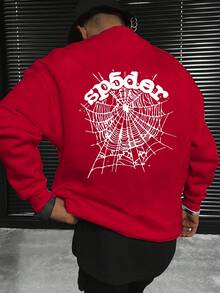 Men's Black Crew Neck Sweatshirt With Spiderweb Design And 'spiders' Text - Tattoo - Black Wristwatch - Beige Pants, Dark Horizontal - Lined Background, Casual Streetwear Pullover Classic Men's Crew Neck Sweatshirt Soft Comfortable Daily Wear - 紅色 - 查看 12