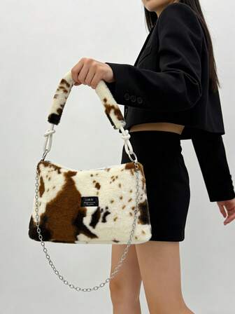 1 pieza Bolso de mano de piel de conejo para mujer, otoño/invierno, de alta calidad con cremallera y bolso grande, correa desmontable, disponible en burdeos, marrón, rosa, negro con efecto tie-dye, adecuado para damas y niñas, se puede usar como bandolera o de hombro