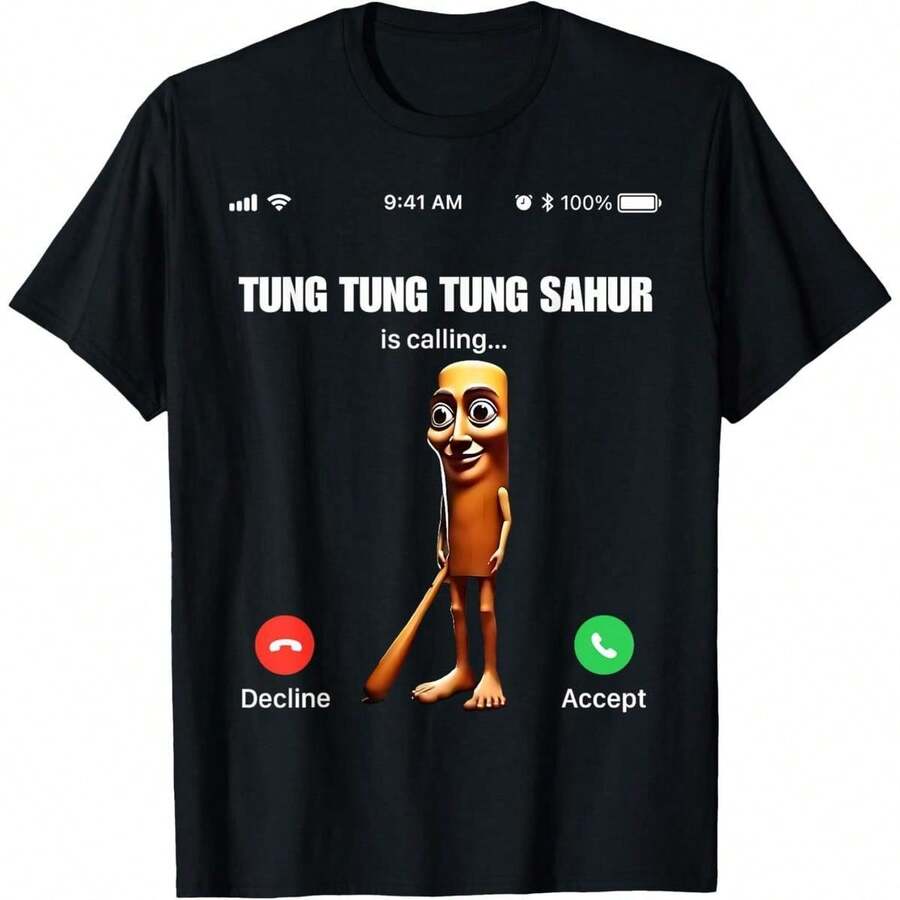 % Cotton Unisex Tung Tung Tung Sahur - Italian Brainrot-Shirt Women Graphic Shirts - màu đen - Xem 1