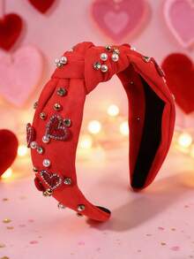 1 pieza Diadema roja para el Día de la Madre, estilo niña, diadema de tela con corazón de diamante de imitación rojo, accesorio de moda para el cabello, regalo para el Día de la Madre - Rojo - Ver 1