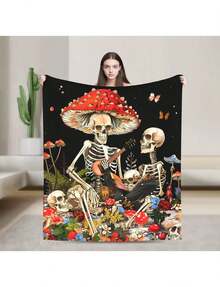 280gsm Skull Mushroom Plush Blanket - Gothic Fantasy With Skeleton Couple And Red Mushrooms Ultra-Soft Comfortable All-SAll Seasons, Suitable For Living Room, Sofa, Lounge Chair And Bedroom Throw, Ideal For Travel, Camping, Gift - Style 2 - 查看 1