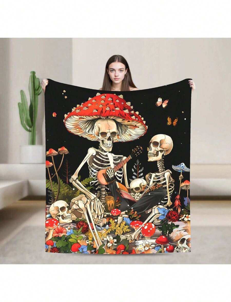 280gsm Skull Mushroom Plush Blanket - Gothic Fantasy With Skeleton Couple And Red Mushrooms Ultra-Soft Comfortable All-SAll Seasons, Suitable For Living Room, Sofa, Lounge Chair And Bedroom Throw, Ideal For Travel, Camping, Gift - Style 2 - 查看 1