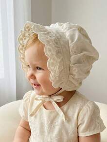 1pc Vintage Lace Flower Embroidered White Bonnet Hat For Baby Girl, Palace-Style Newborn Infant Soft Fetal Cap - 1PC - View 1