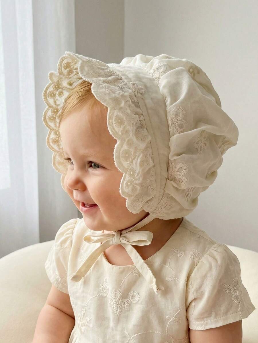 1pc Vintage Lace Flower Embroidered White Bonnet Hat For Baby Girl, Palace-Style Newborn Infant Soft Fetal Cap - 1PC - View 1