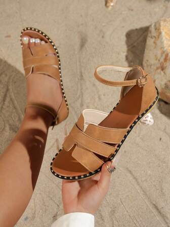 Women's Brown Criss-Cross Strap Buckle Sandals, Lightweight Luxury Fashion Versatile Roman Style Sandals, Casual Outdoor Beach Holiday Retro Boho Chic Recommended By Influencers, Pairs Well With Dresses, French Minimalist Comfortable Flat Sandals