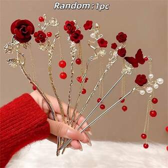 1 pieza (aleatorio) Elegante clip para el cabello de mujer con flor de rosa falsa y borlas de perlas falsas de estilo chino, adecuado para coleta, peinado de moño medio, decoración de atuendo, uso diario, elegante bohemio, pasadores para el cabello para el Día de San Valentín, regalo de accesorios para el Día de San Valentín
