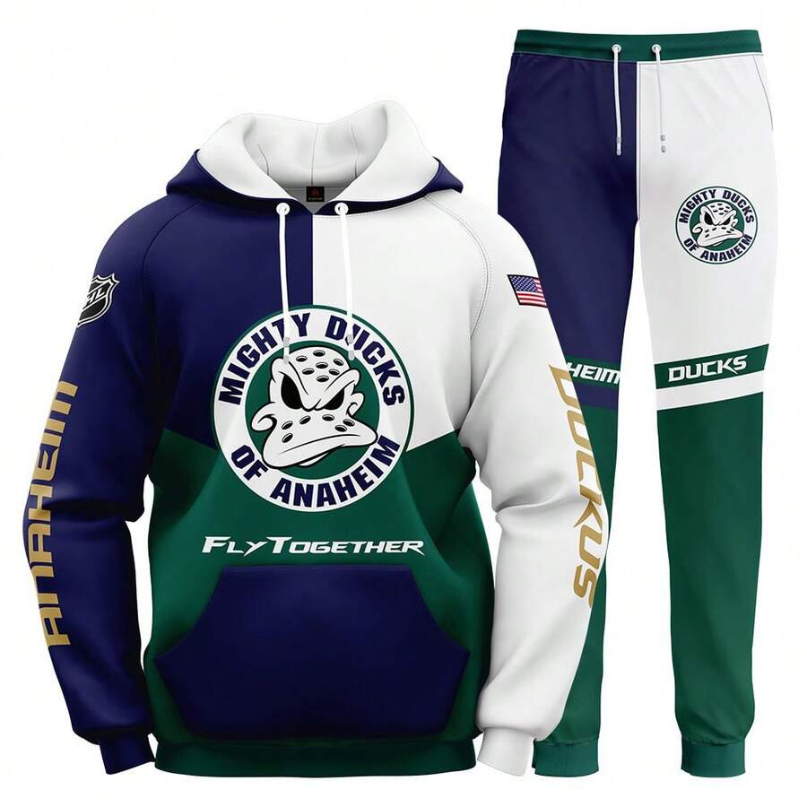 Anaheim-Ducks Men'S Stylish 3D Lion Print 2pcs Athletic Wear Set - Long Sleeve Hoodie & Joggers, Casual Outdoor & Gym Wear For Spring/Fall, Football Team Pattern Design, Comfortable & Breathable Fabric, Perfect For Comfortable Fit - 彩色 - 查看 1