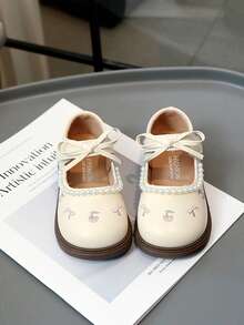 Girls' Sweet Mary Jane Embroidered Leather Shoes, Princess Style, Spring/Autumn New Arrival, Toddler/Little Kid - Beige - View 2