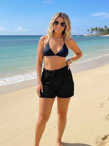 Women's Short Beach Cover-Up Knit Shorts With Crochet Detail And Adjustable Drawstring, Summer Fashion, Pool Style - 黑色 - 查看 1