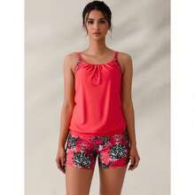 Conjunto de traje de baño de dos piezas para mujer - Mezcla de estampados y colores sólidos para playa y resort - Naranja - Ver 1