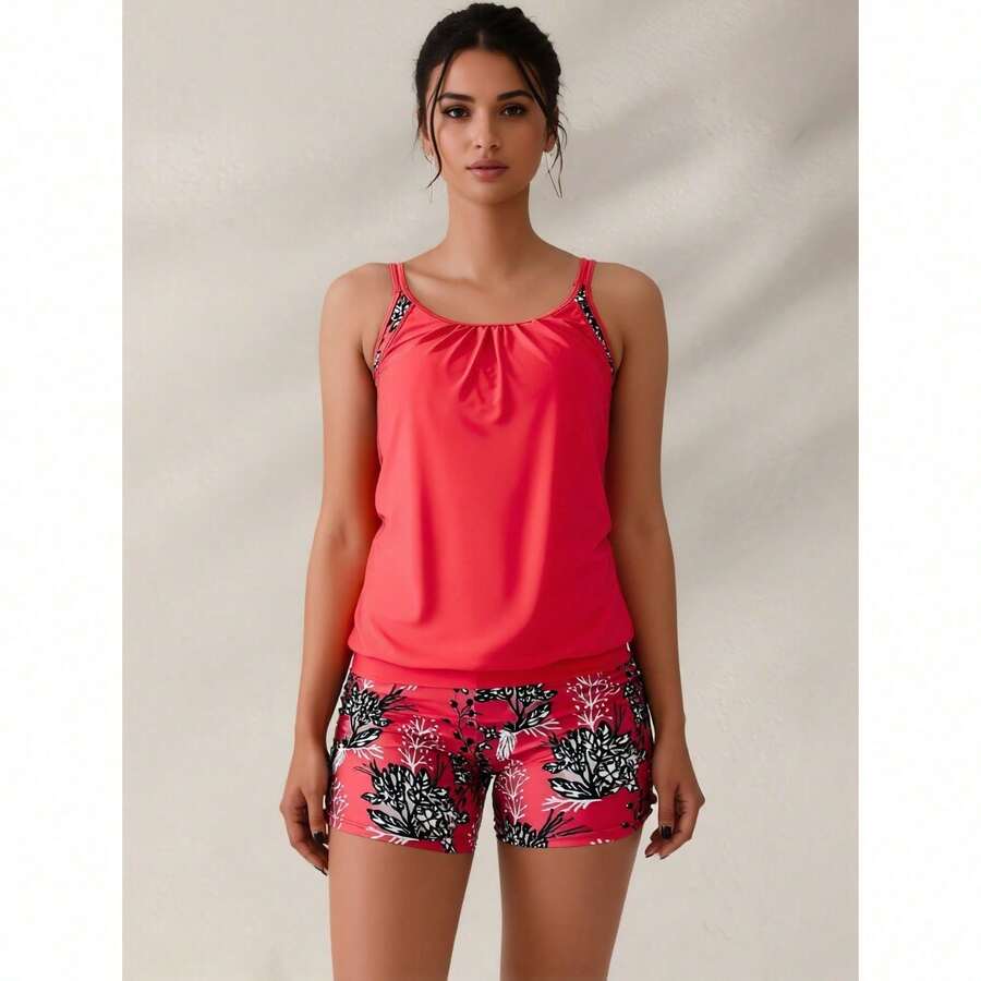 Conjunto de traje de baño de dos piezas para mujer - Mezcla de estampados y colores sólidos para playa y resort - Naranja - Ver 1