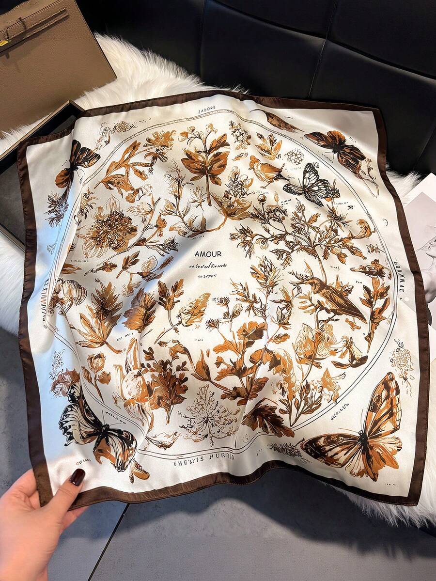 1条优雅丝滑蝴蝶花卉印花27.5英寸方巾,多功能头巾,可作腰带、装饰领带、日常时尚配饰、旅行必备、沙滩巾 - 咖啡棕 - 查看 1