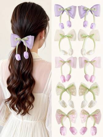 2 piezas Pasadores de pelo con lazo y flores de tulipán de estilo bohemio, pasadores de pelo para flequillo lateral, accesorios de pelo lindos y dulces para niñas, adecuados para viajes, vacaciones, al aire libre, uso casual, mejor regalo para ella