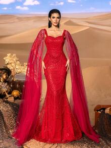 Faeriesty Chiếc đầm dài dáng đuôi cá cổ vuông đính hạt lấp lánh dành cho phái nữ, kết hợp với khăn choàng lưới dài mỏng manh, có phom dáng ôm sát và được thêu pha lê tinh tế, phù hợp cho các sự kiện thảm đỏ, tiệc tối trang trọng, đám cưới, lễ trao giải sang trọng, chụp ảnh thời trang cao cấp và các dịp trang nhã khác. - Đỏ - Xem 7